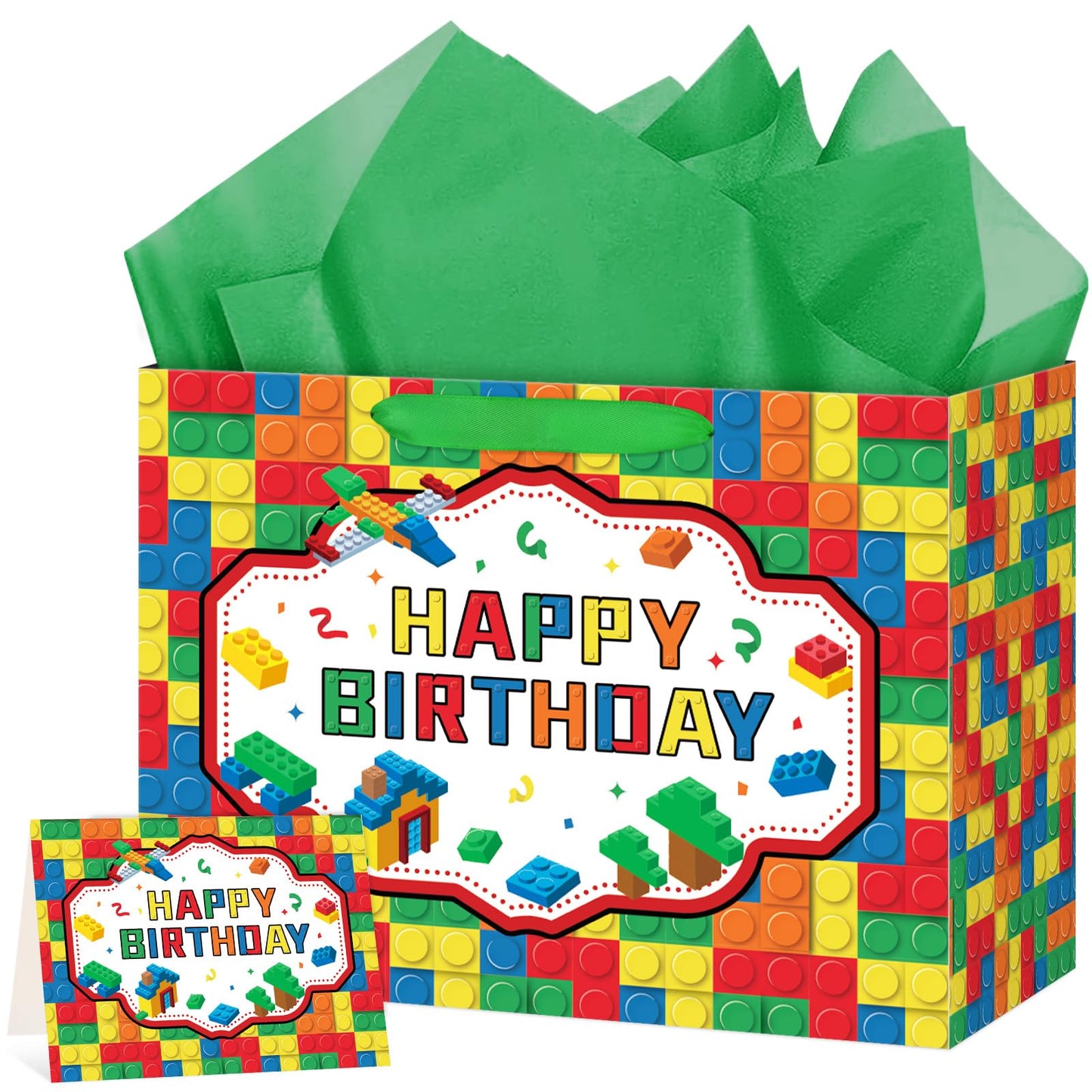 Abilat Building Blocks Birthday Gift Bag with Tissue Paper and Greeting Card Large Happy Birthday Gift Wrapping Bag for Kids Boys Girls Bricks Theme Party Decorations Supplies