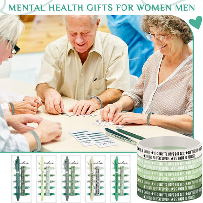 Feifeiya 50 Set Inspirational Mental Health Awareness Gift Mental Health Bracelet Wristbands Green Awareness Motivational Pens Positive Affirmation Bookmarks for Counseling School Counselor Gift