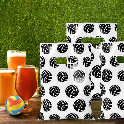 BOXOB 50pcs Volleyball Gift Bags, 10x6.7 Inch Plastic Snacks Candies Bags with Handles Volleyball Themed Party Sports Party Supplies (White)