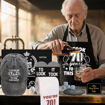 70th Birthday Gifts for Men Whiskey Glass Set, 70th Birthday Party Supplies with 11 Oz Whiskey Glass Coaster Stone Baseball Cap Apron Sock Toilet Paper Keychain for Him, Dad, Husband, Friends