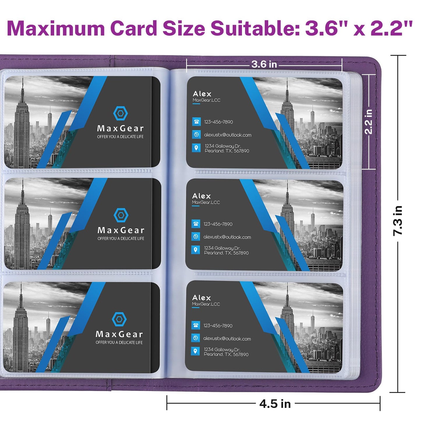 MaxGear Business Card Organizer Book, Holds 240 Cards, Portable PU Leather Business Card Holder with Clear Sleeves, Professional Card Binder for Office, Meetings, Networking, Purple