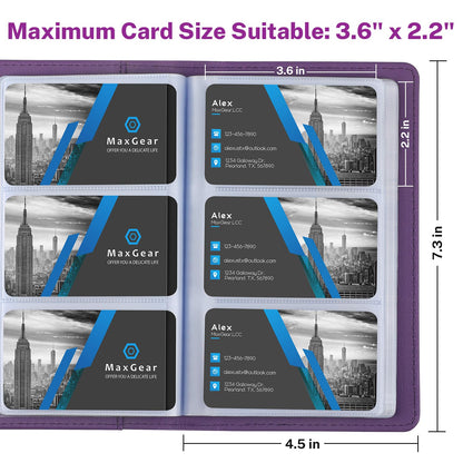 MaxGear Business Card Organizer Book, Holds 240 Cards, Portable PU Leather Business Card Holder with Clear Sleeves, Professional Card Binder for Office, Meetings, Networking, Purple