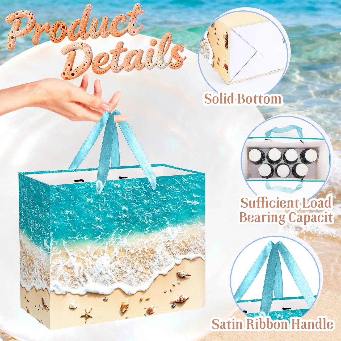 TagreSpike Beach Gift Bag with Tissue Paper and Card Summer Beach Goodie Candy Bags Seashell Blue Ocean Wave Summer Pool Party Favors Supplies for Holiday Birthday Wedding Luau Tropical Party