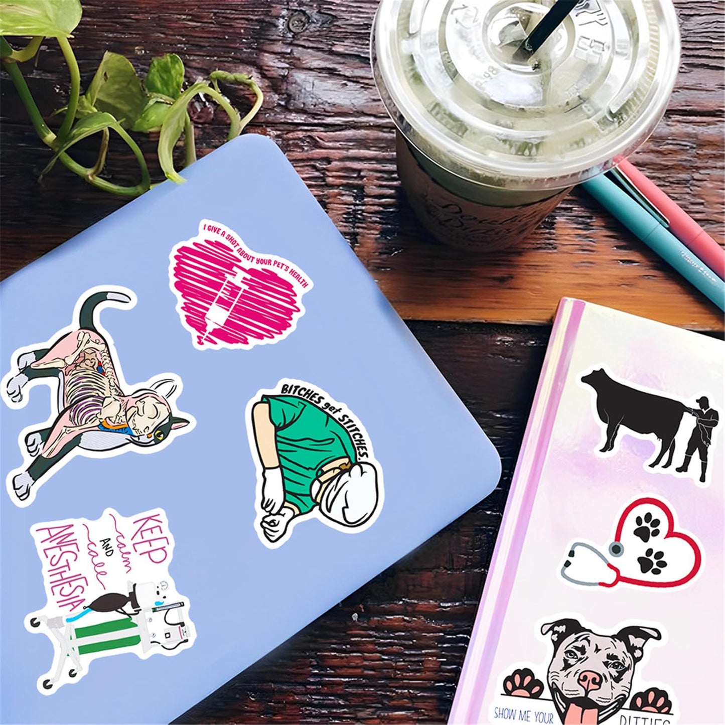 50 Pcs Funny Veterinary Stickers and Decals, Cute Veterinarians Vinyl PVC Waterproof Stickers for Water Bottle Skateboard Luggage Laptop Computer Phone, Vet Tech Party Supplies for Teens Adults