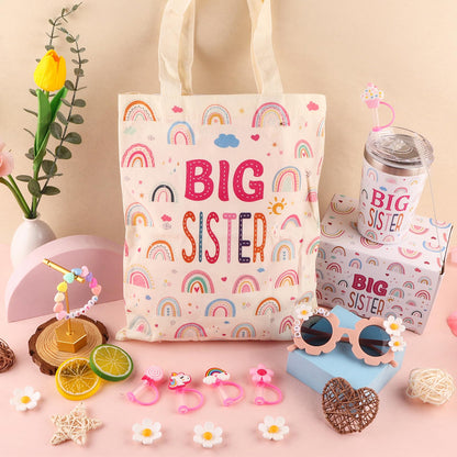 12PCS Big Sister Gifts Set for Girls,12oz Stainless Steel Tumbler With Leakproof Lid and Straw,Cute Silicone Toppers，Sunglasses Bracelet,Canvas Tote Bag for Little Girls Gift Box Set