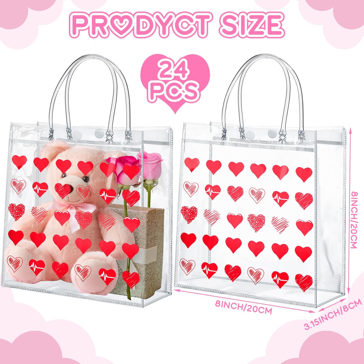 Uiifan 24 Valentines Day Clear PVC Gift Bags Valentines Transparent Heart Sayings Gift Bags with Handle Galentines Day Gifts Reusable Wrap Tote(Red)
