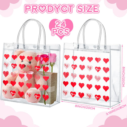 Uiifan 24 Valentines Day Clear PVC Gift Bags Valentines Transparent Heart Sayings Gift Bags with Handle Galentines Day Gifts Reusable Wrap Tote(Red)