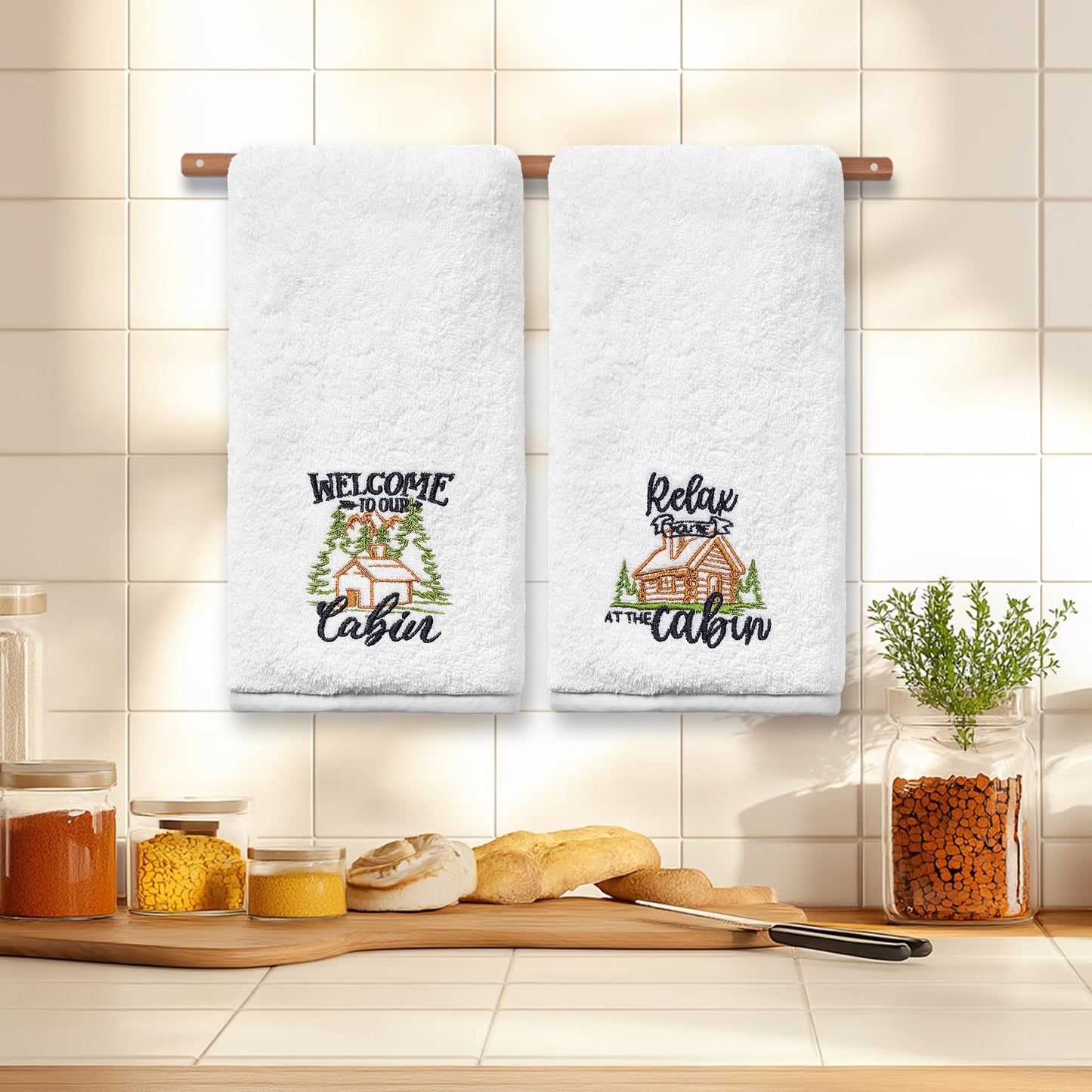 FUTBU Cabin Hand Towels for Bathroom, Cabin Decor Embroidered Dish Towels, Log Cabin Decor Gifts Decorative New Home Bear Deer Tea Hand Towels, 100% Cotton Soft Towels for Kitchen 14x30 Inches