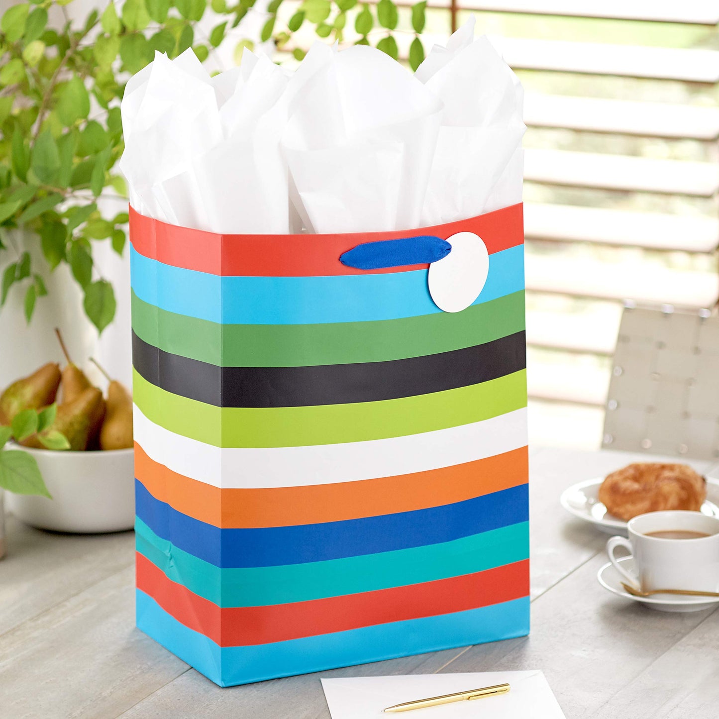 Hallmark 17" Extra Large Gift Bag with Tissue Paper (Rainbow Stripes) for Birthdays, Graduations, Baby Showers, Father's Day