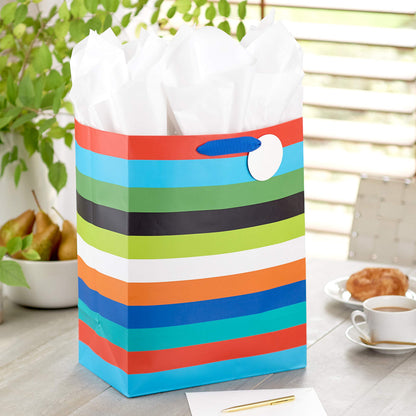 Hallmark 17" Extra Large Gift Bag with Tissue Paper (Rainbow Stripes) for Birthdays, Graduations, Baby Showers, Father's Day