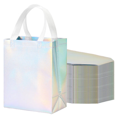 METAPRINT 15 Pcs Iridescent Glossy Gift Bags Medium Size, 8x4x10 Inch Holographic Reusable Gift Bags with Handles & Sturdy Base, Ideal for Birthday, Wedding