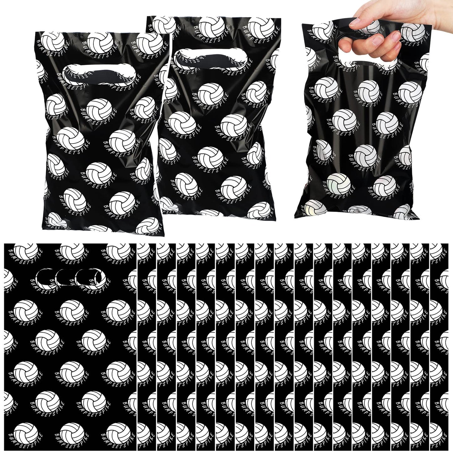 Teling 100 Pcs Volleyball Gift Bags with Handles 9.84 x 6.3 Inch Volleyball Cellophane Party Treat Candy Goodie Bags for Sport Theme Birthday Party Favor Decoration Supplies(Black)