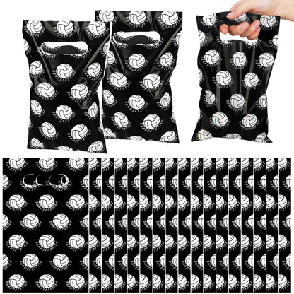 Teling 100 Pcs Volleyball Gift Bags with Handles 9.84 x 6.3 Inch Volleyball Cellophane Party Treat Candy Goodie Bags for Sport Theme Birthday Party Favor Decoration Supplies(Black)