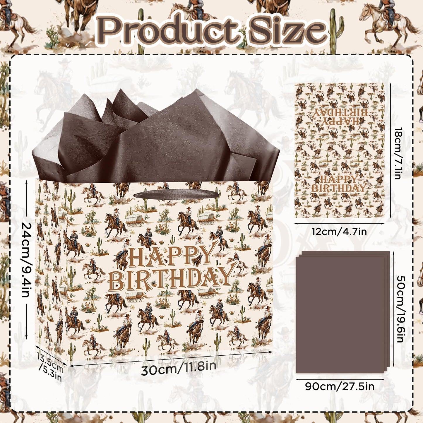 Woosytoo Cowboy Birthday Gift Bag Western Rodeo Happy Birthday Wrapping Bag with Greeting Card and Tissue Paper Wild West Horse Treat Candy Bag for Boys Men Bday Western Theme Party Supplies