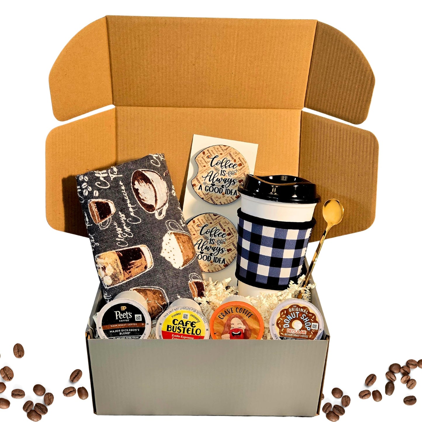 Coffee Gift Set – Travel Mug, Insulated Sleeve, K Pods, Spoon, Coasters & Towel | Coffee Lovers Gift Basket