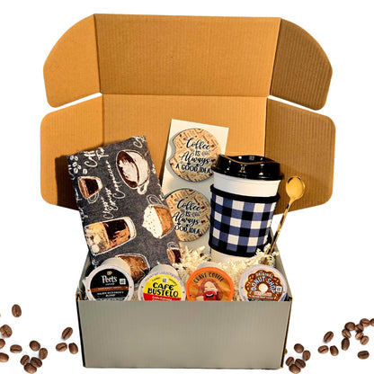 Coffee Gift Set – Travel Mug, Insulated Sleeve, K Pods, Spoon, Coasters & Towel | Coffee Lovers Gift Basket
