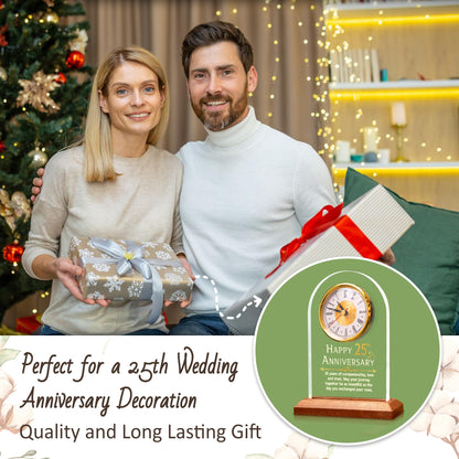 OkiyiD Light Up 25th Anniversary Wedding Gifts Quartz Clock with Wooden Base,25 Years Silver Wedding for Couple,Parents,Soft Warm White Lighting 25th Anniversary Decoration Gifts