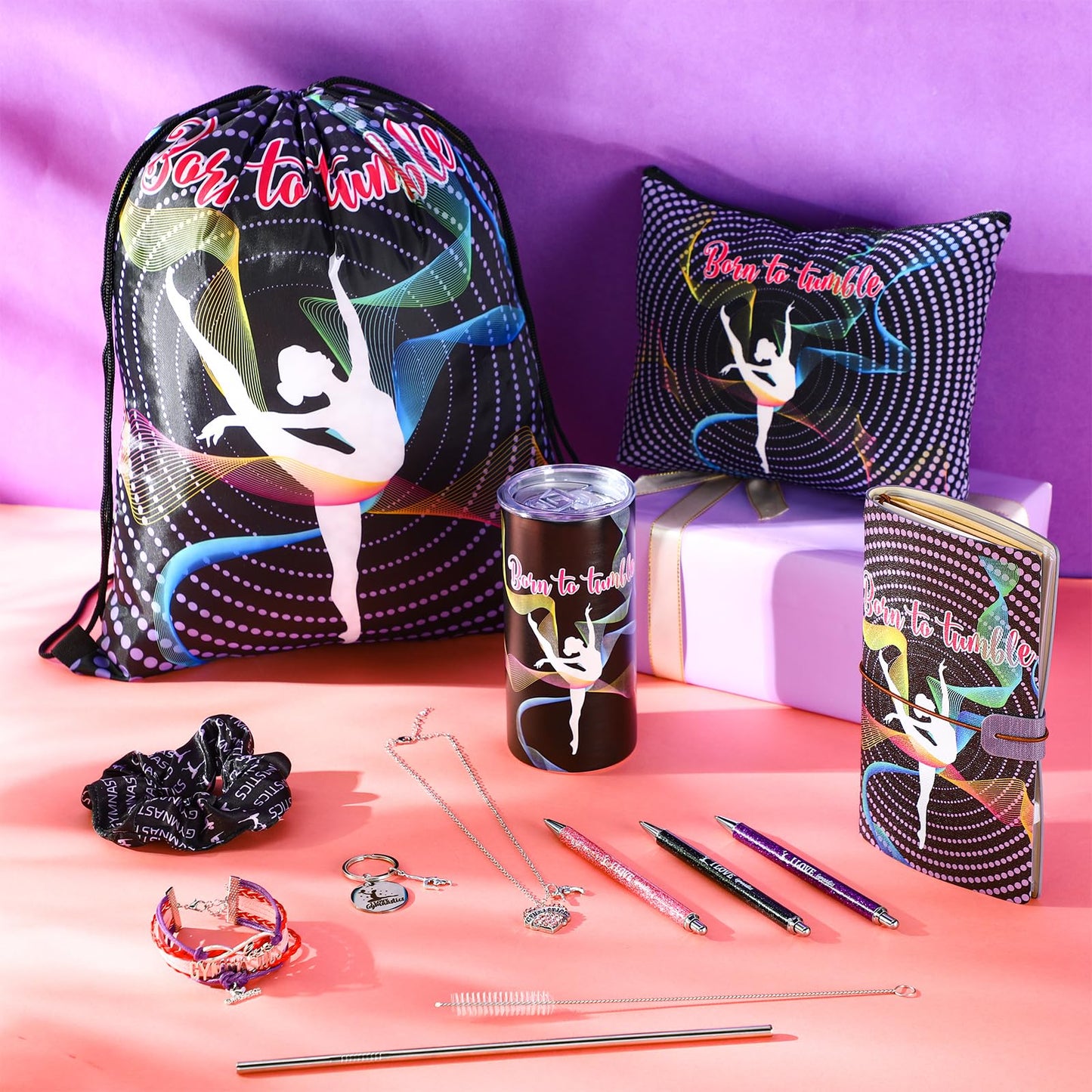 Patelai 11 Pack Gymnastics Gifts Set Gymnastics Drawstring Bag Hairband Bracelet Necklace Makeup Bag Keychain 15 oz Tumbler Cup with Lid Gym Gymnast Party Favors