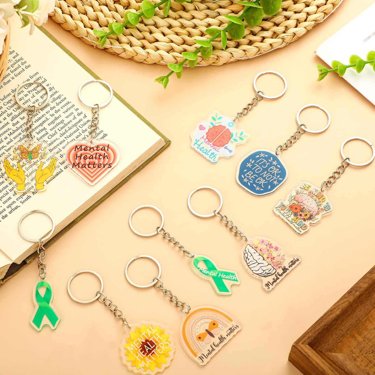 Remuuly 50 Pcs Mental Health Gifts for Women Healthy Keychain Gifts Acrylic Green Ribbon Inspirational Key Ring for Women Men