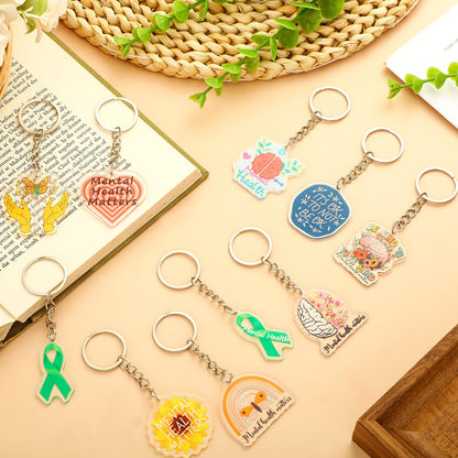 Remuuly 50 Pcs Mental Health Gifts for Women Healthy Keychain Gifts Acrylic Green Ribbon Inspirational Key Ring for Women Men