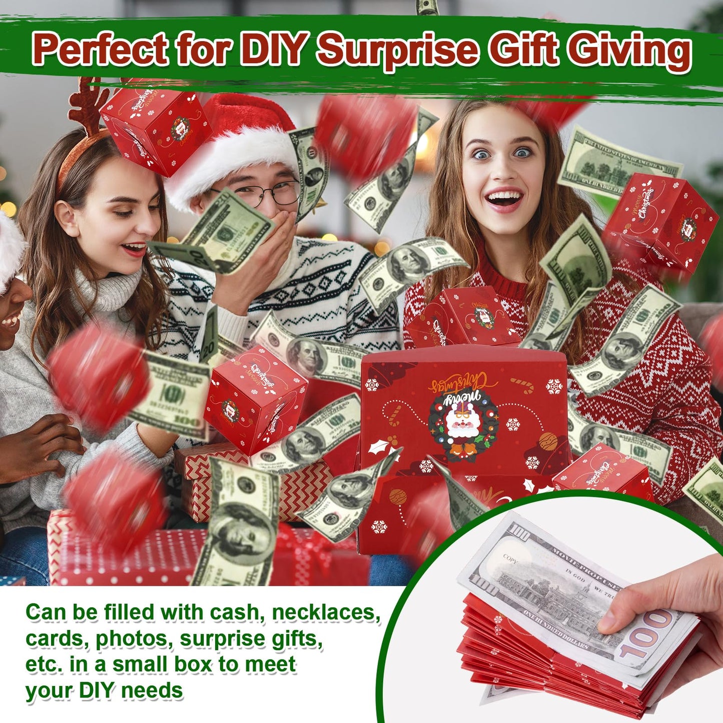Surprise Gift Box Explosion for Money, Exploding Money Gift Boxes for Cash, Money Gift Boxes for Cash Pop Up, Chritmas, Birthday Anniversary Valentine Proposal (12 Bounces, Red)