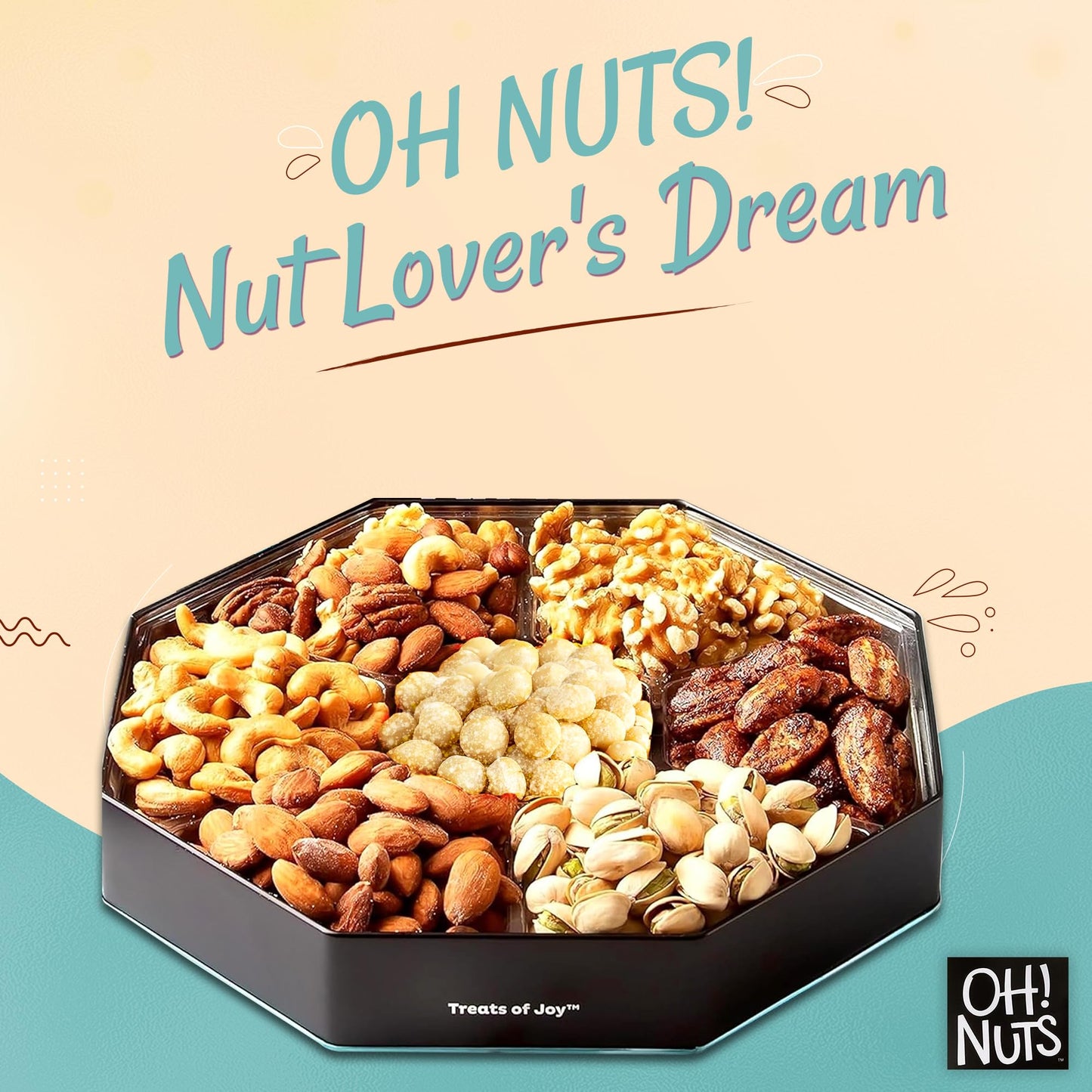 Oh! Nuts 7 Section Nuts Gift Basket - Gourmet Assorted Macadamia Nut Gifts Baskets - Healthy Nuts Gift Hexagon Metal Tin Box - Premium Food Gift for Holiday, Movie Night, Corporate, Men & Women