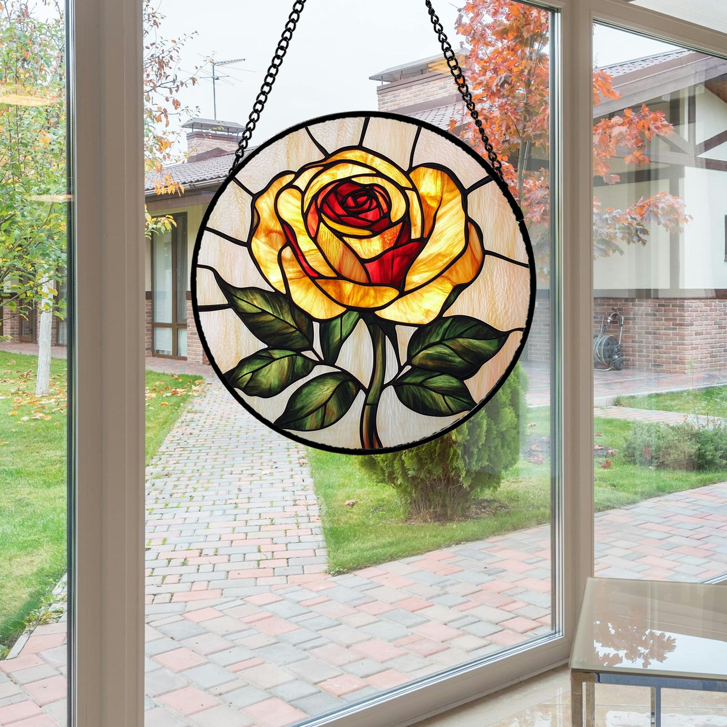 Stained Glass Window Hanging - Elegant Yellow Rose Flower Sun Catcher for Door Garden Home Decor Suncatcher Christmas Mother's Day Birthday Gifts for Women Mom Girl Nana Friend 6.3 in