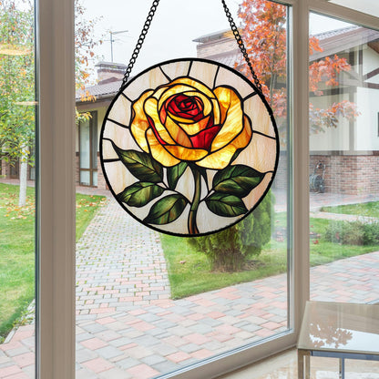Stained Glass Window Hanging - Elegant Yellow Rose Flower Sun Catcher for Door Garden Home Decor Suncatcher Christmas Mother's Day Birthday Gifts for Women Mom Girl Nana Friend 6.3 in