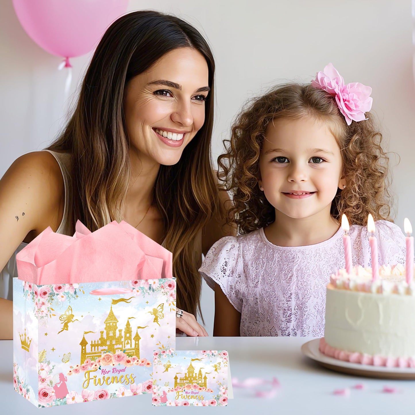 MOIZYNG Her Royal Fiveness Birthday Gift Bag, Pink Gold Castle Floral Princess 5th Birthday Gift Wrap Bags with Handles, Tissue Paper and Greeting Card for Girls 5 Year Old Party Favors Decorations