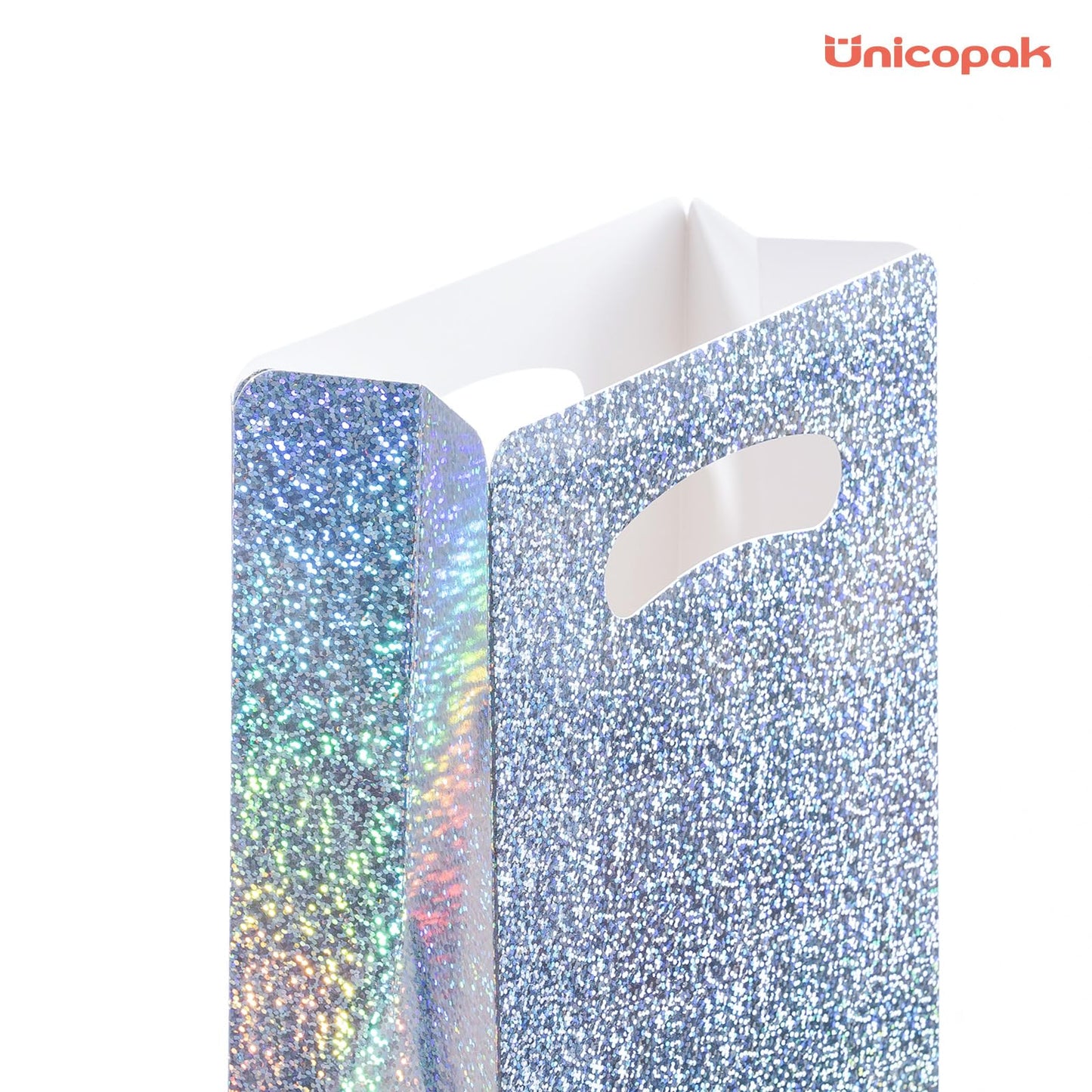 UnicoPak 16 Pack Premium Iridescent Party Favor Bags - 6x3x9 Glitter Goodie Bags for Birthday Party, Wedding - Sturdy Holographic Gift Bags with Auto-lock Bottom, Customizable for Treats & Cookies