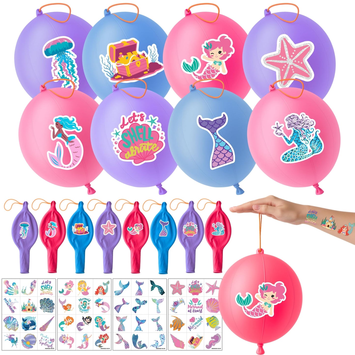 72 PCS Mermaid Party Favors – 48 Pre-Cut Temporary Tattoos & 24 Mermaid Ocean Punch Balloons Themed Birthday Party Decorations Supplies Favors Gifts Goodie Bag Fillers Classroom Rewards for Boys Girls