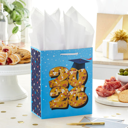 Hallmark 9" Medium Year-Dated Graduation Gift Bag with Tissue Paper (Class of 2026, Gold Disco Ball on Blue with Stars) for High School, College, University