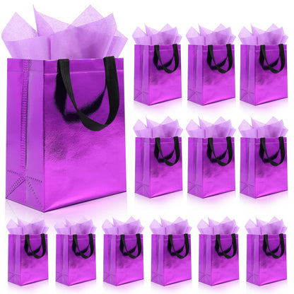 Addblu 12 Pack Reusable Gift Bags with Handles & 24 Tissue Papers, 10x4x8 Inch Iridescent Gift Bags with Cardboard Bases for Shopping, Parties, Birthdays, Weddings, Holiday, Father's Day (Purple Gift Bag)