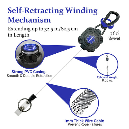 EMS, EMT, Paramedic/Medic Heavy Duty Medical Badge Reel Star of Life. 360° Swivel Carabiner Clip. 32.5” Steel Cable/Rope with Key Ring & ID Strap. 8 oz Weight