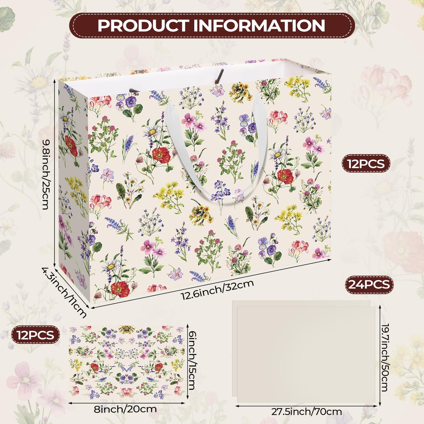 Maitys 12 Pack 12.6" Large Wildflower Gift Bags with Tissue Papers and Greeting Cards Elegant Flowers Floral Gift Wrapping Bags for Wedding Bridal Showers Birthday Baby Shower Party Decorations