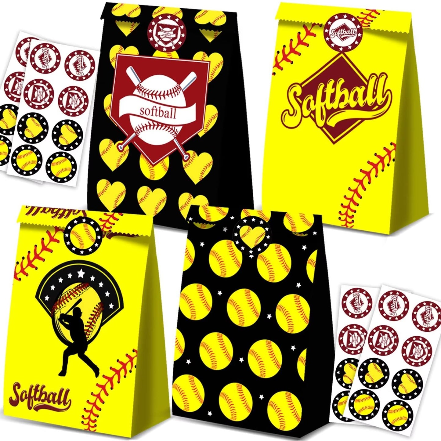 BQK 24 PCS Softball Gift Bags Softball Goodie Bags Softball Treat Bags for Softball Birthday Party Supplies Softball Snack Bags for Girls Team Boys Kids