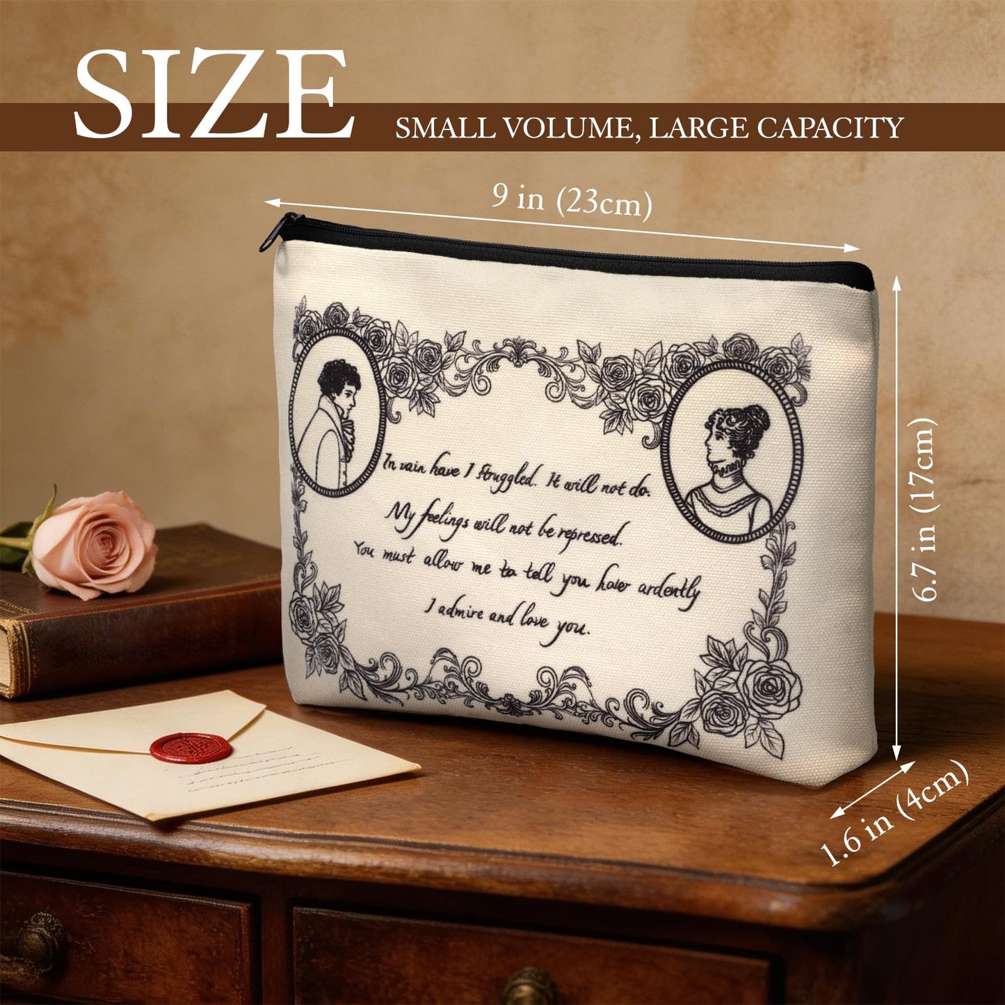S&ZG Literary Classic Novel Makeup Bag, Jane Austen Gifts, Cute Merch Travel Small Makeup Bag for Purse, Book Lover Gifts for Women