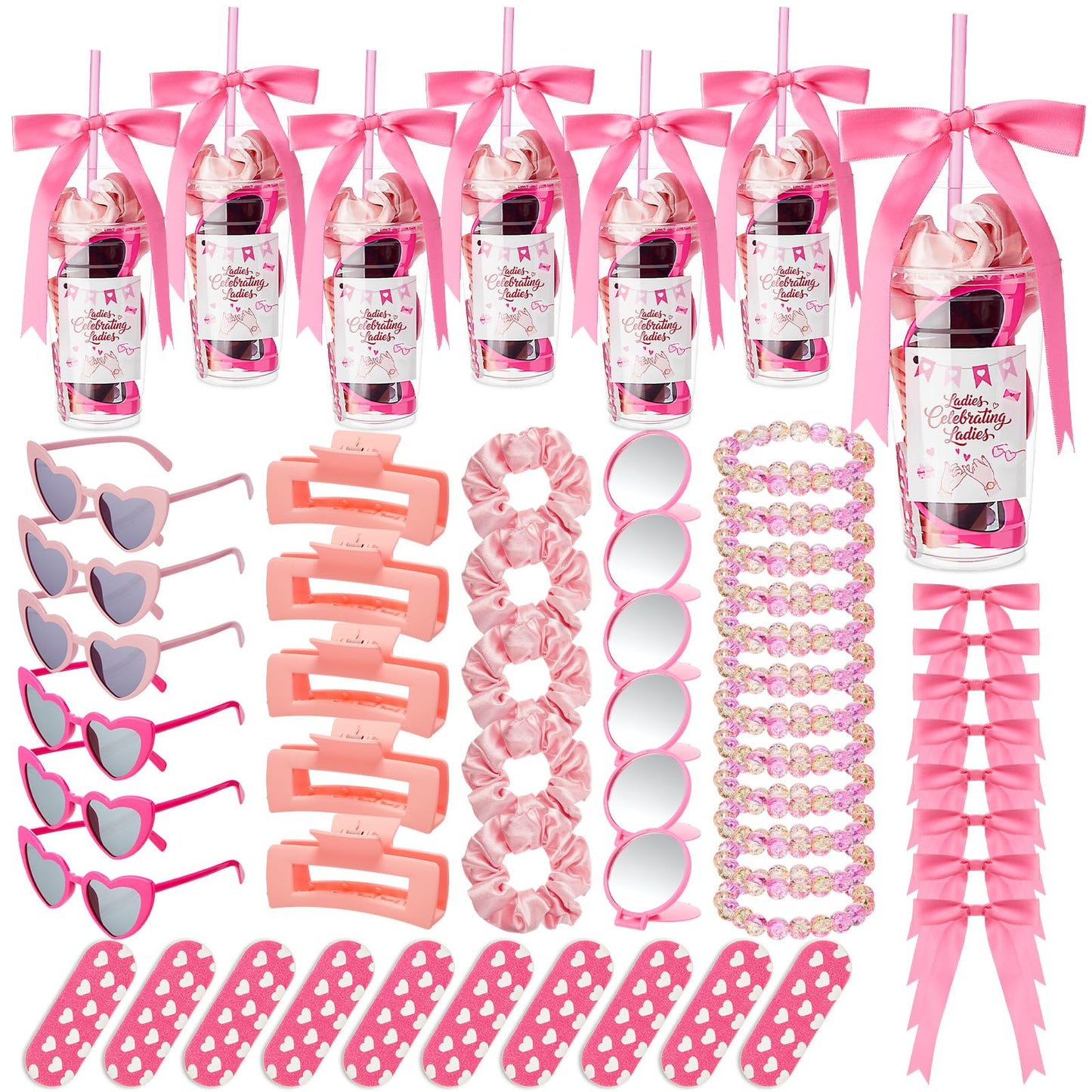60 Pcs Galentine's Day Gift Include Pink Scrunchies Hair Clips Heart Sunglasses Bracelets Compact Mirrors Nail File Gift Cups and Straw Greeting Cards for Women Friend Bestie Valentine Party Favors