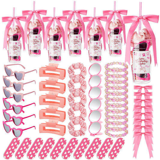 60 Pcs Galentine's Day Gift Include Pink Scrunchies Hair Clips Heart Sunglasses Bracelets Compact Mirrors Nail File Gift Cups and Straw Greeting Cards for Women Friend Bestie Valentine Party Favors