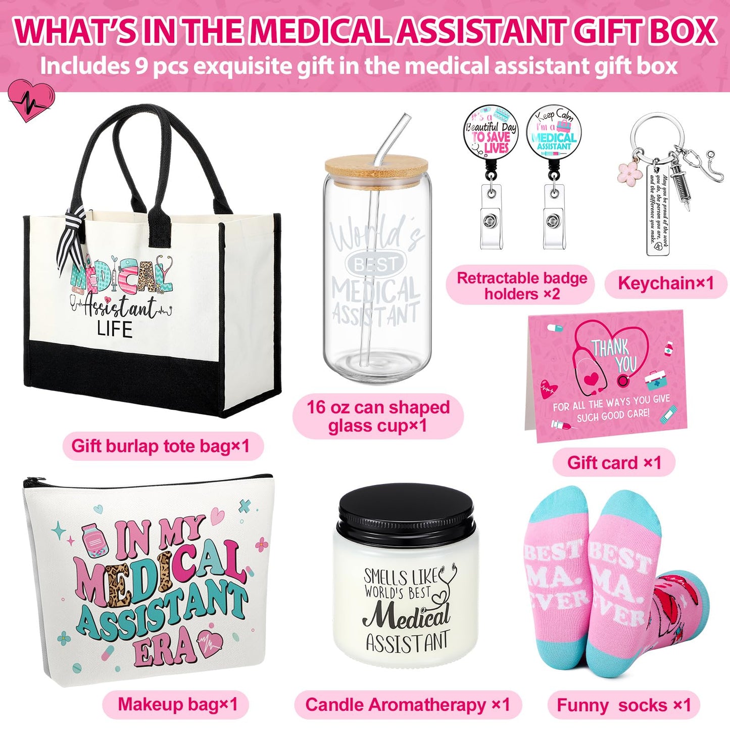 Skylety 9 Pcs Nurse Medical Assistants Gift Set for Women Trapezoid Grocery Canvas Tote Bags with Handle Glass Jar Tumbler Scented Candle Badge Reel Socks Novelty MA Nurse Week Appreciation Gift