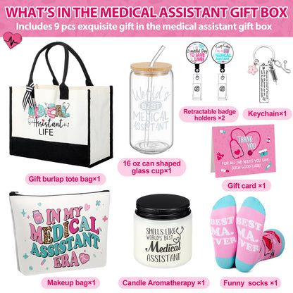 Skylety 9 Pcs Nurse Medical Assistants Gift Set for Women Trapezoid Grocery Canvas Tote Bags with Handle Glass Jar Tumbler Scented Candle Badge Reel Socks Novelty MA Nurse Week Appreciation Gift
