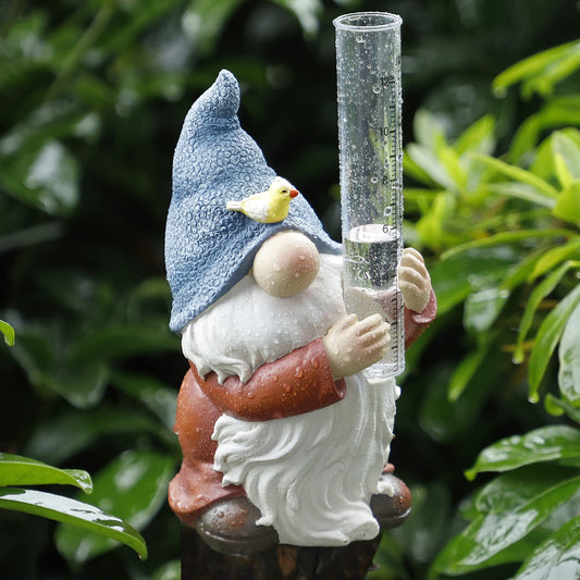 FORUP Resin Gnome Rain Gauge, Hand Painted Gnome Statue with Plastic Rain Gauge