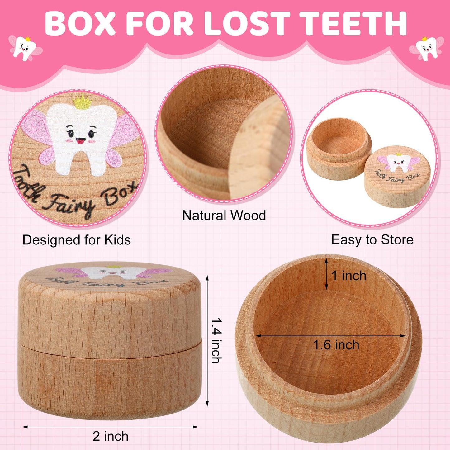 Equsion 3 Pcs Tooth Fairy Gifts for Girls and Boys Tooth Fairy Box Coin Unicorn Bag with Gold Foil Reward Coins Wood Baby Keepsake Box for Lost Teeth Kids Birthday Gift(Pink)