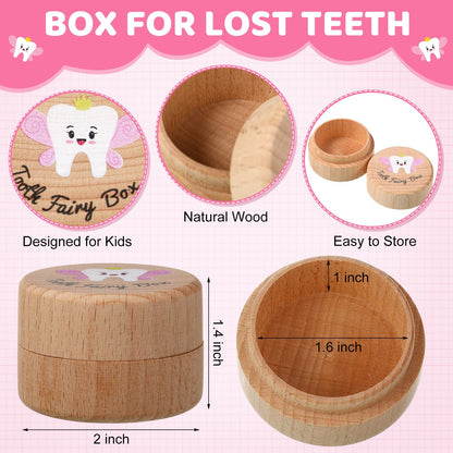 Equsion 3 Pcs Tooth Fairy Gifts for Girls and Boys Tooth Fairy Box Coin Unicorn Bag with Gold Foil Reward Coins Wood Baby Keepsake Box for Lost Teeth Kids Birthday Gift(Pink)