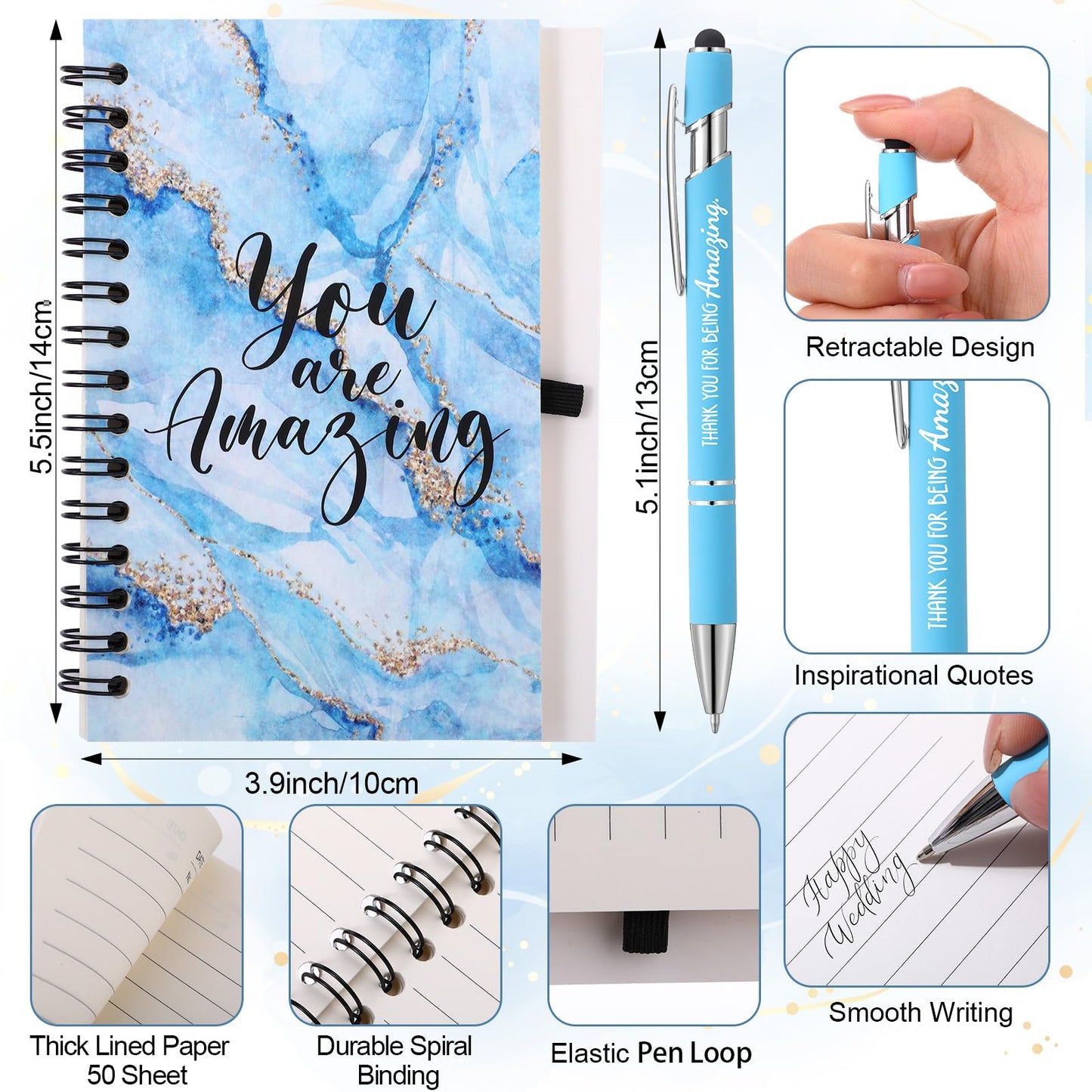 8 Set/48 Pcs Employee Appreciation Gifts Bulk with Gift Bags Colorful Marble Style Notebook Pen 16oz Glasses Cup Makeup Bag Keychain- Women Assistants Secretary Coworker Nurses Team