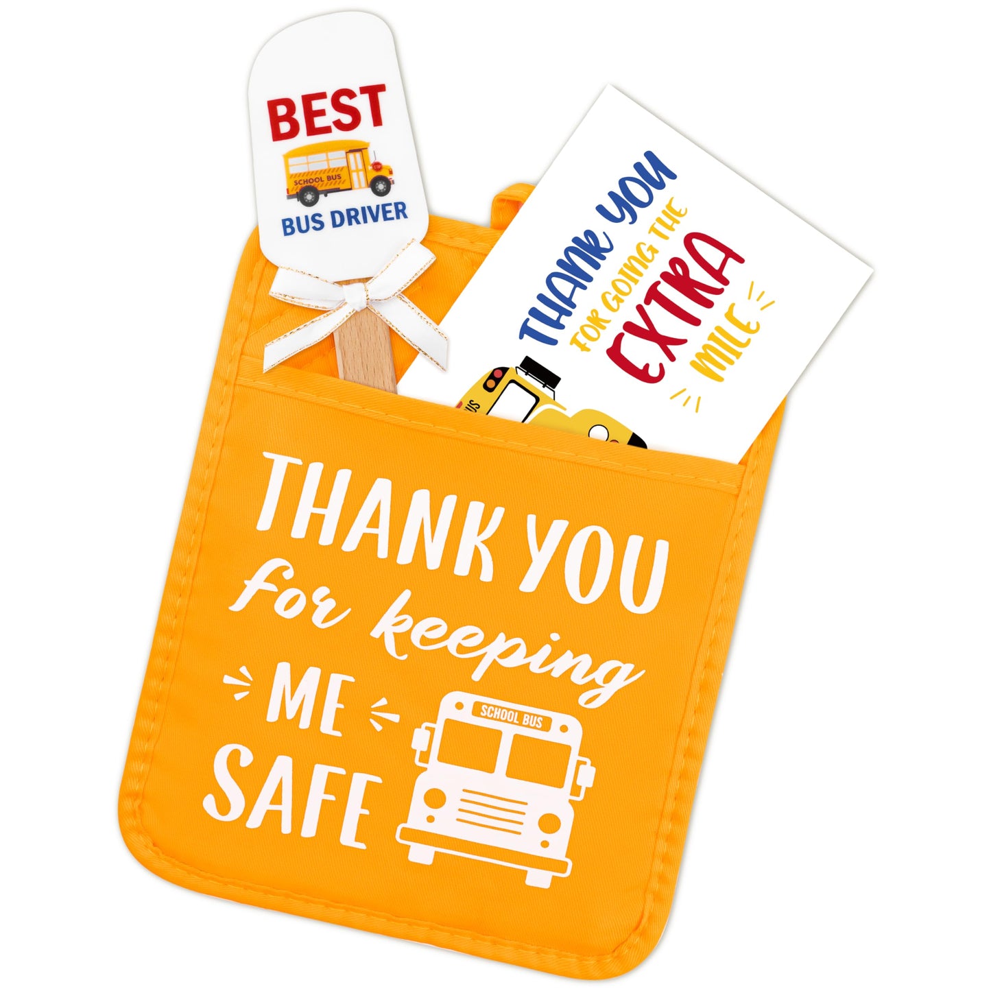 Bus Driver Appreciation Gift Set - R HORSE 3Pcs Thank You Bus Driver Gift Yellow Pot Holder with Silicone Spatula and Greeting Card Heat Resistant Oven Mitts for Bus Driver Retirement Teacher Day Gift