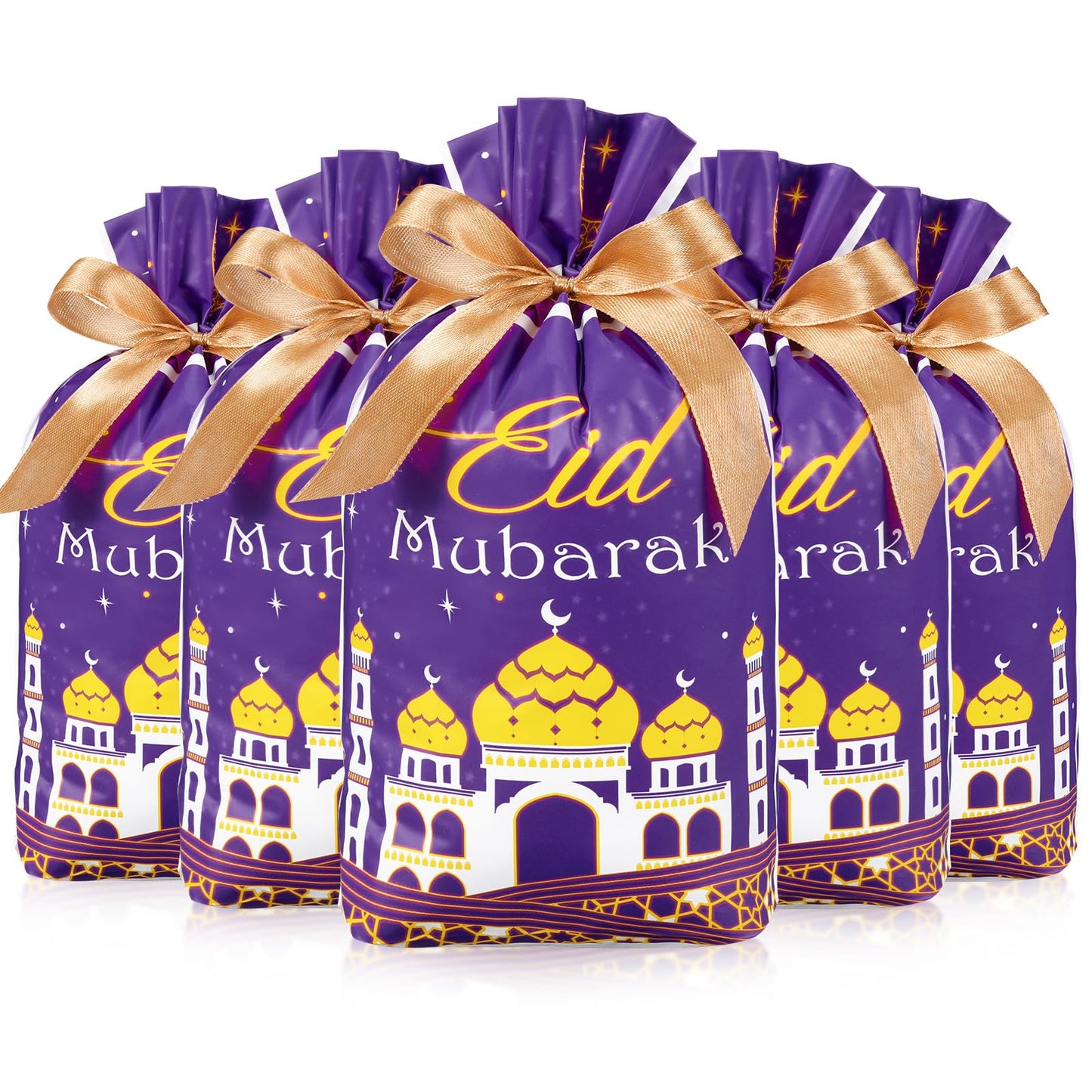 Blulu 50 Pcs Eid Mubarak Gifts Bags Plastic Ramadan Gift Bags Arabesque Moon Bulk Mosque Happy Eid Theme Goodie Pouches for Muslim Mubarak Party Candy Wrapping Supplies Decorations