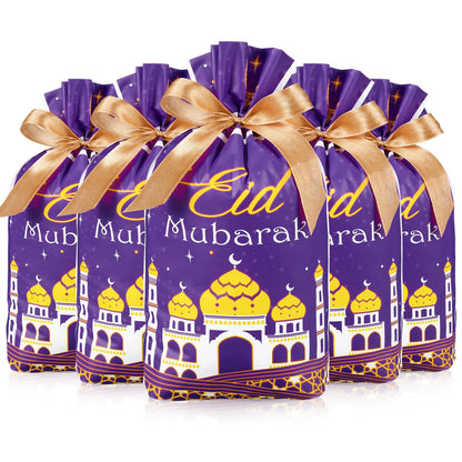 Blulu 50 Pcs Eid Mubarak Gifts Bags Plastic Ramadan Gift Bags Arabesque Moon Bulk Mosque Happy Eid Theme Goodie Pouches for Muslim Mubarak Party Candy Wrapping Supplies Decorations