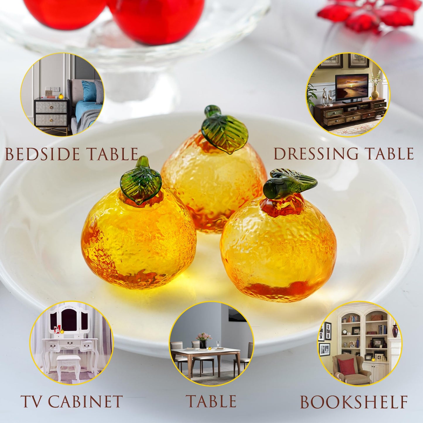 2inch Glass Orange Figurine Crystal Fruit Collectibles Hand Blown Glass Fruits Tangerine Decoration Art Ornament for Home Office Kitchen Decor Gift for Women