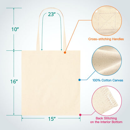 Phicorn Canvas Tote Bags, 15 x 16 in – 100% Cotton Blank Reusable Grocery & Craft Tote Bag with Long Handles